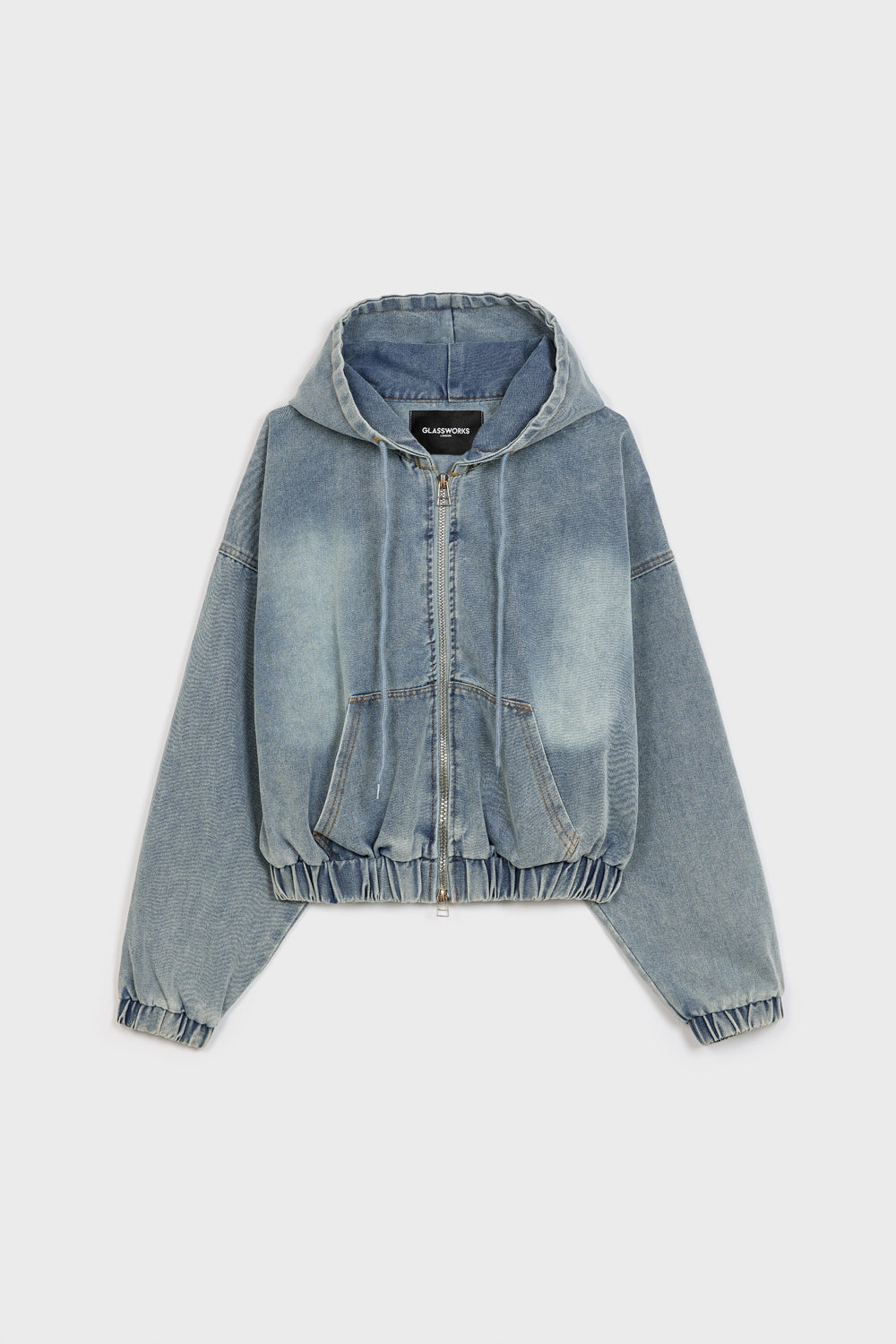 Blue short hooded denim jacket | Glassworks London