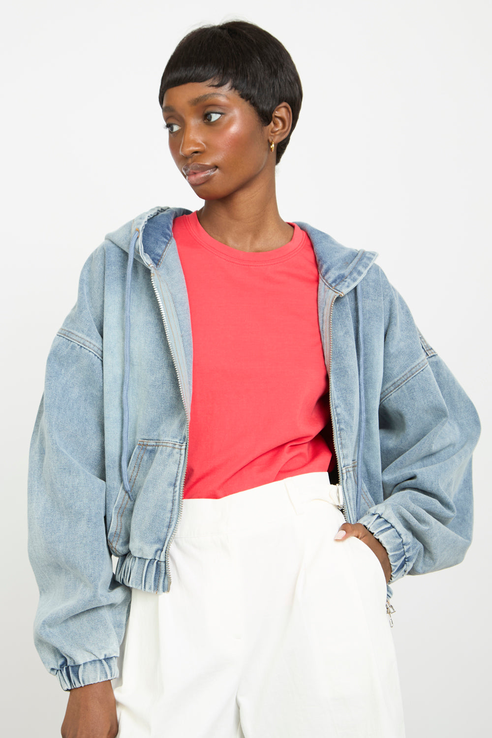Blue short hooded denim jacket | Glassworks London