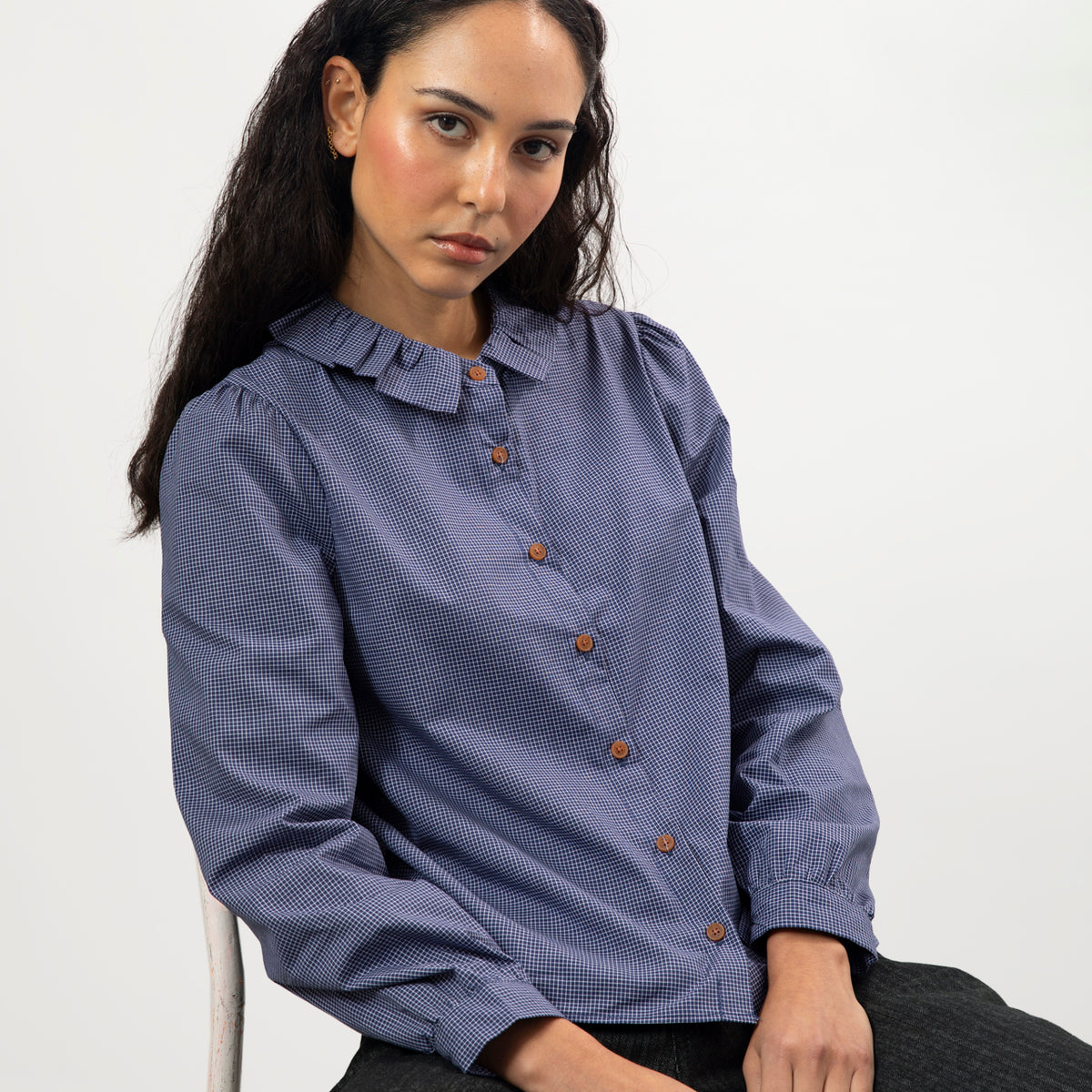 Blue small ruffle collar blouse | Glassworks London