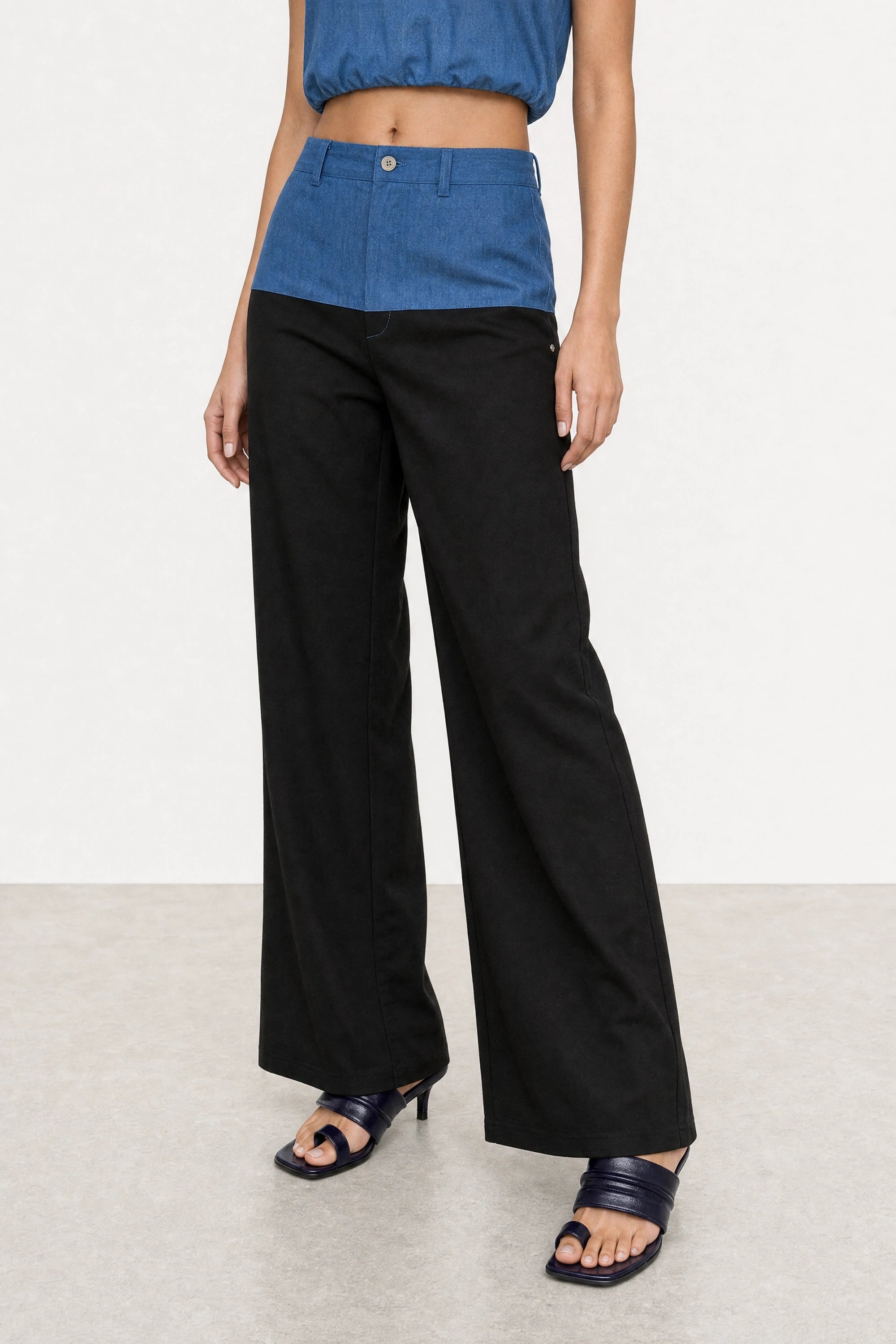 Blue denim and black jersey trousers_3