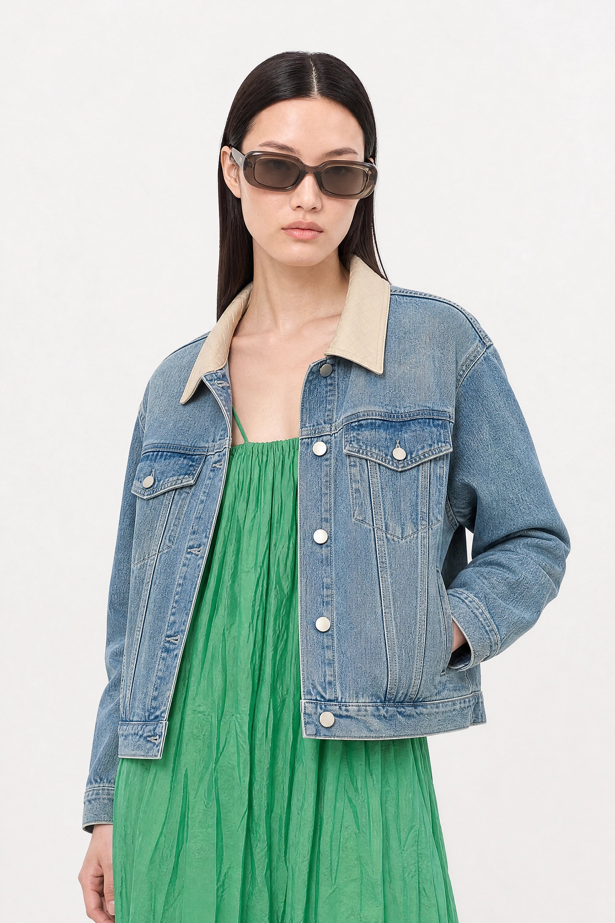 Blue denim ivory woven collar jacket_2