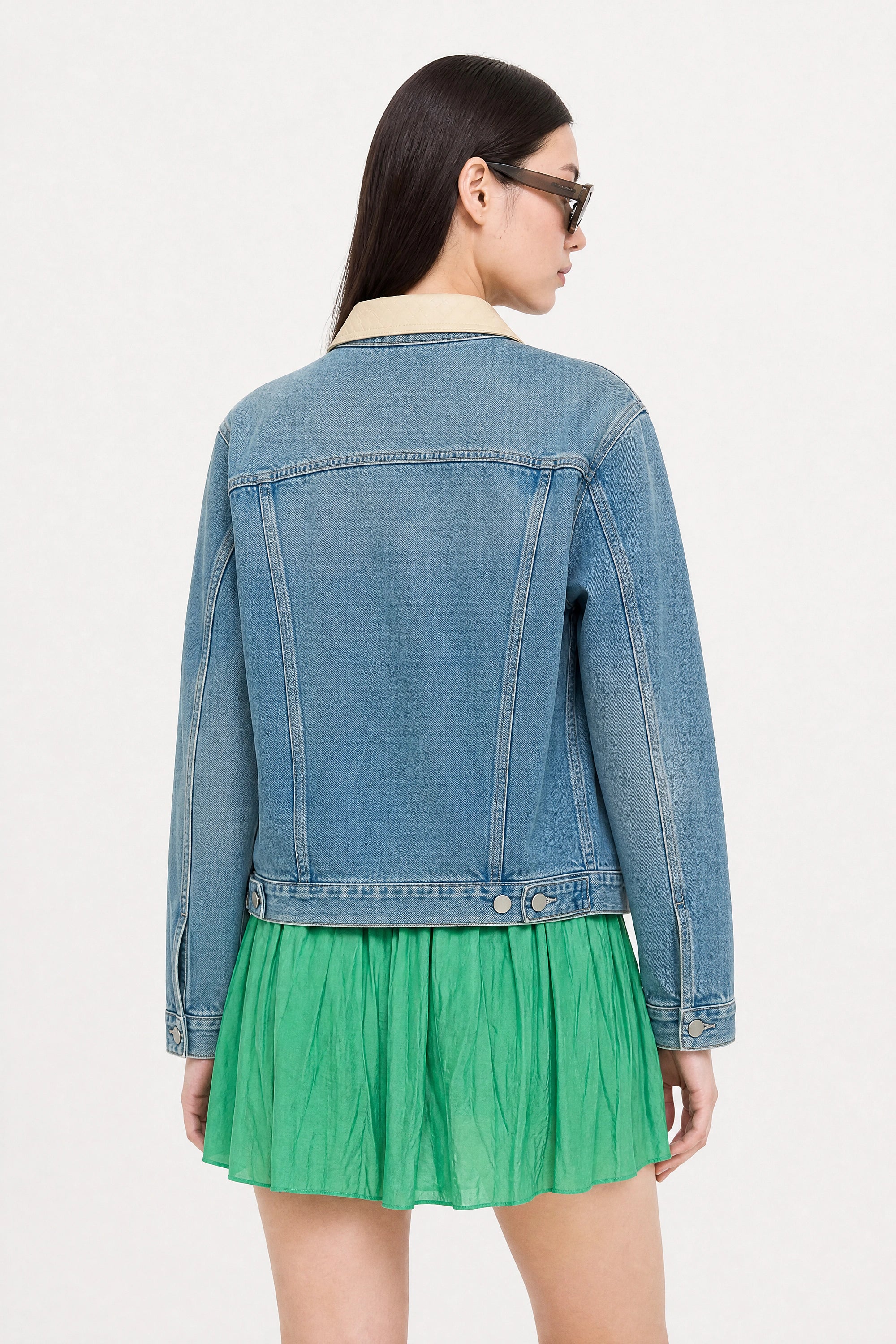 Blue denim ivory woven collar jacket_3
