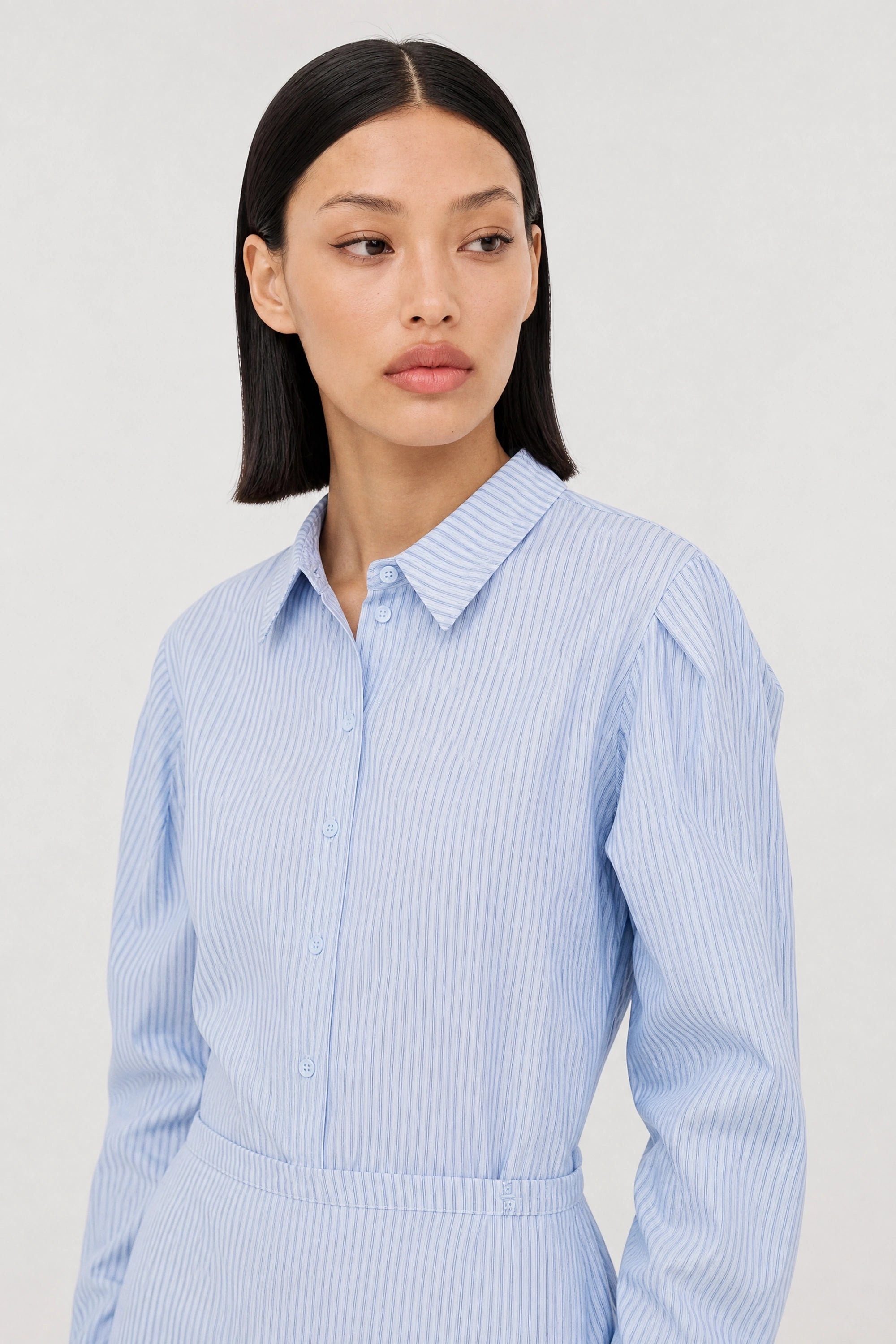 Blue vertical striped wrap waist shirt_3