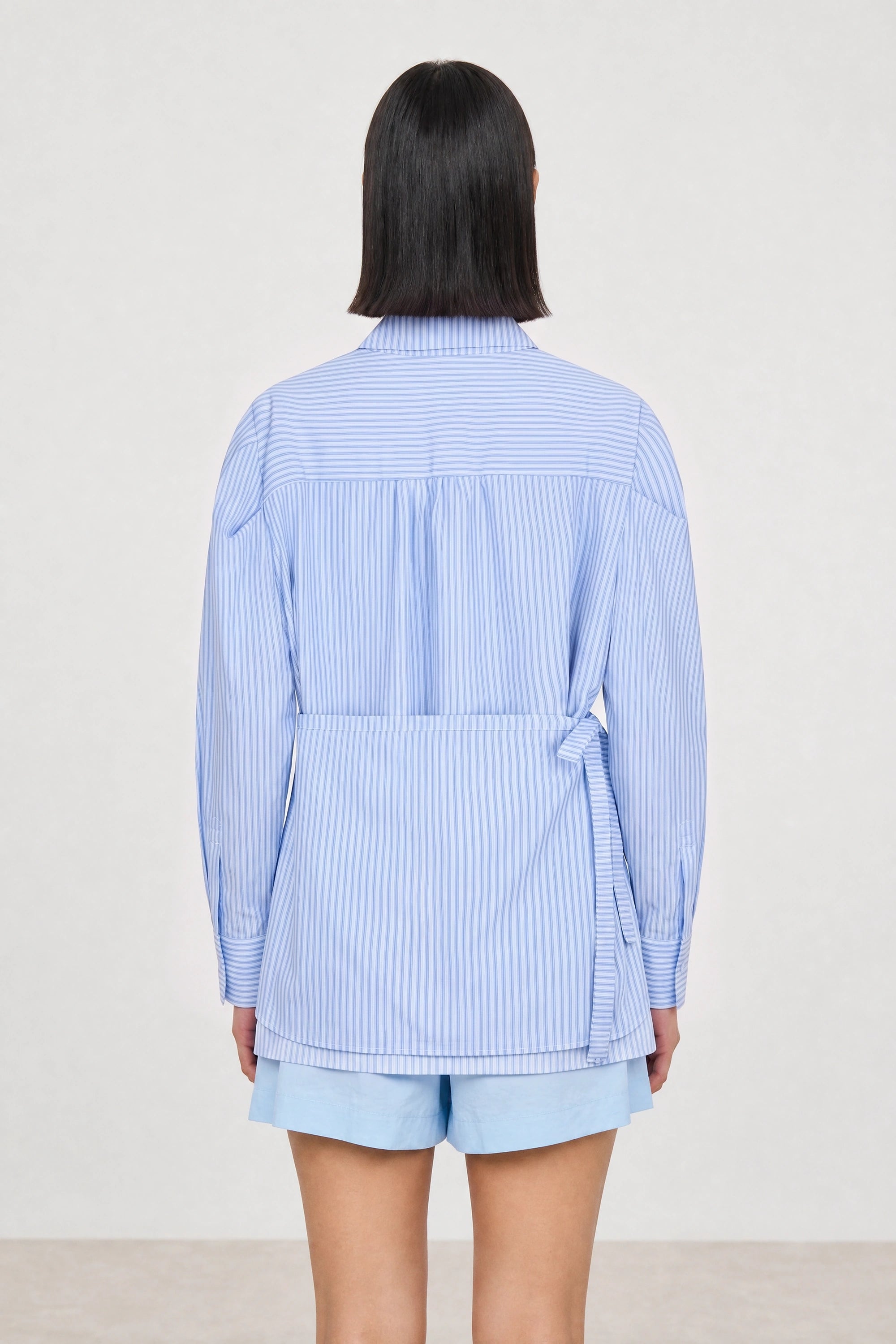 Blue vertical striped wrap waist shirt_2