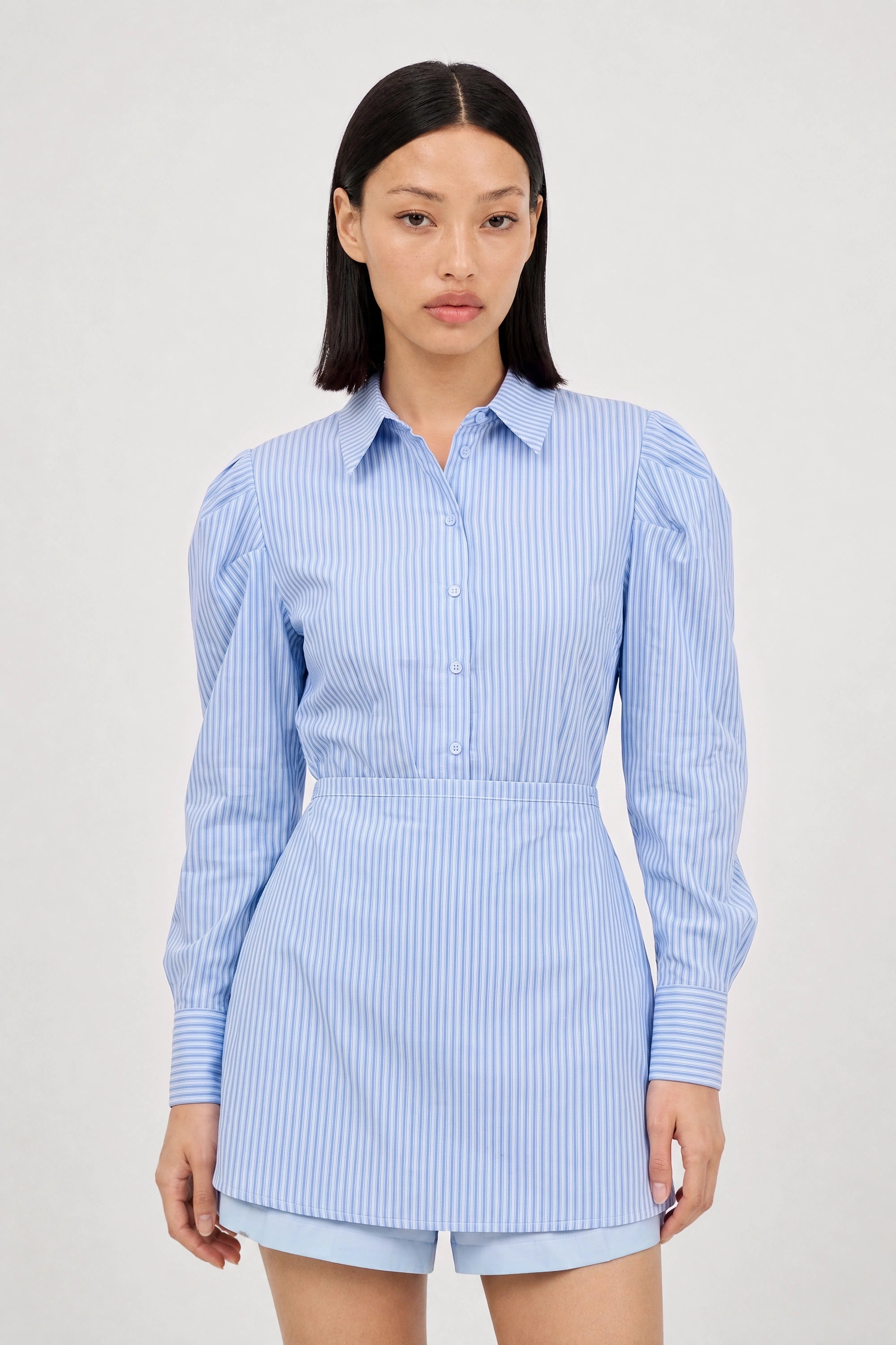 Blue vertical striped wrap waist shirt_1