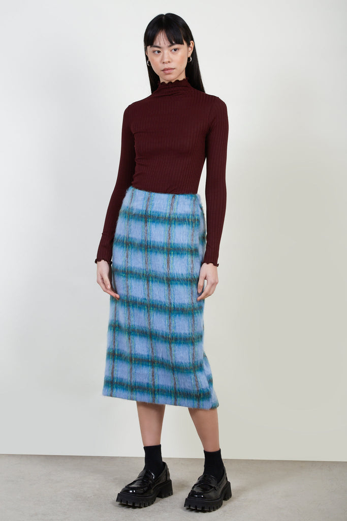 Blue and green bold checked wool blend skirt_1