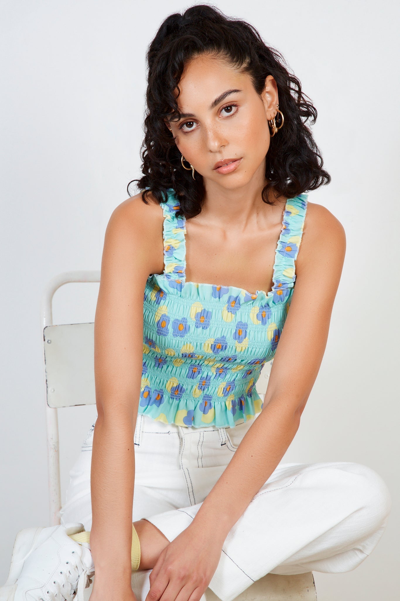 Blue and green floral ruched tank_5
