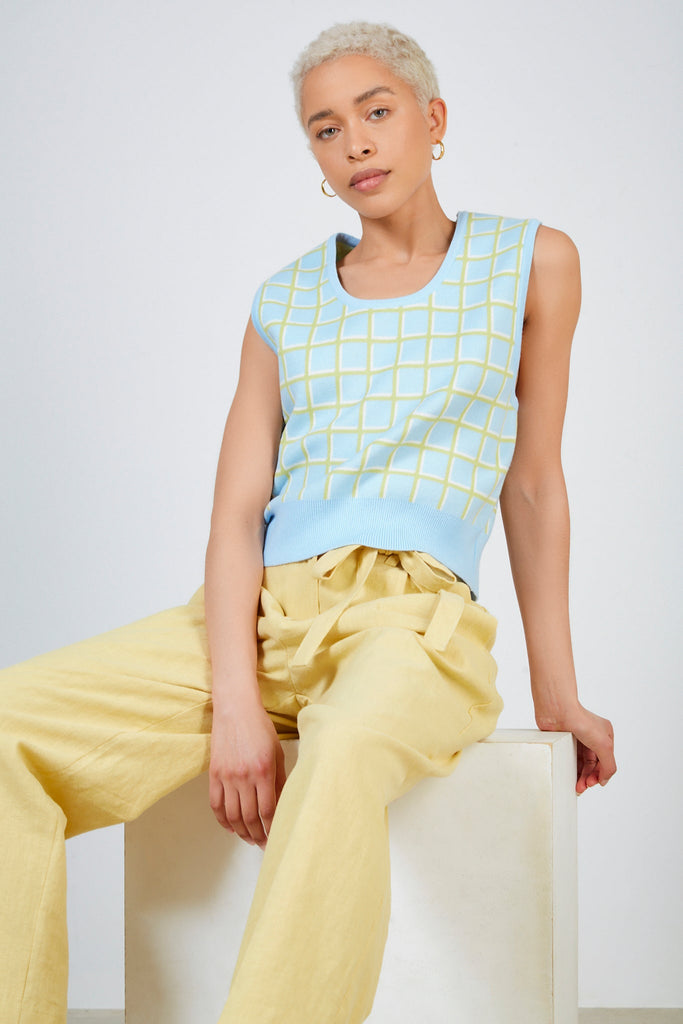 Blue and lime box check sweater vest_5