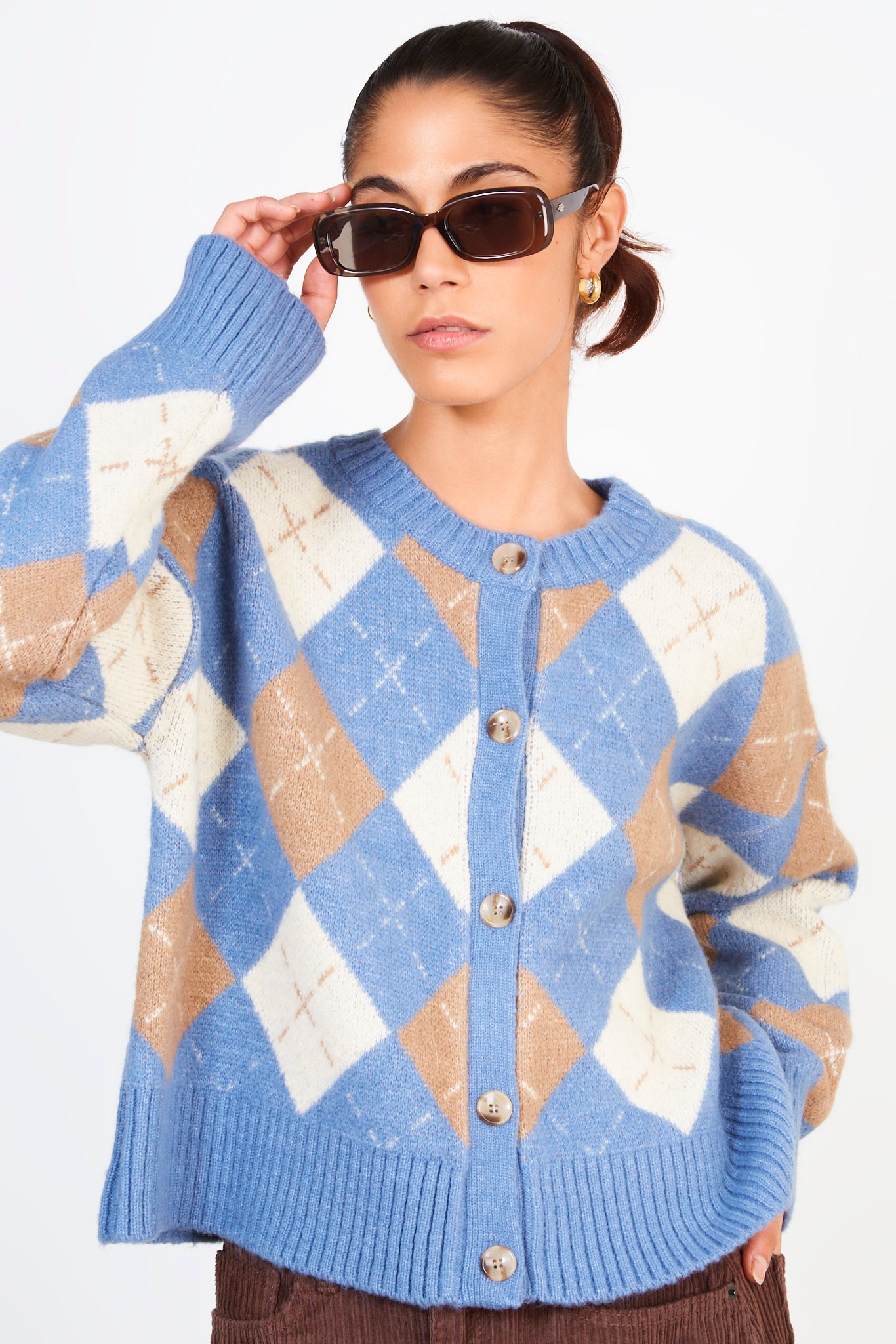 Blue camel and ivory dashed argyle cardigan Glassworks London