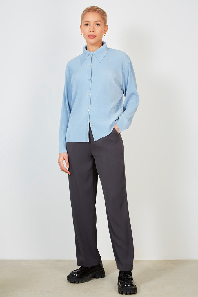 Blue grey micro pleated long sleeved shirt_6