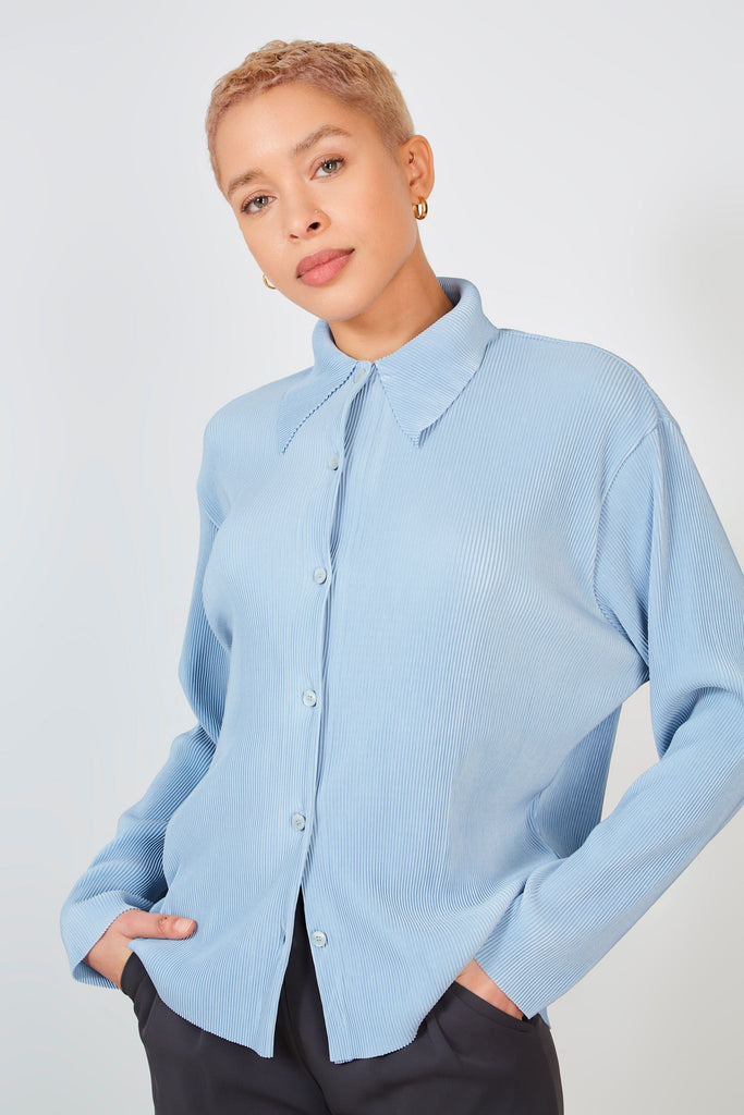 Blue grey micro pleated long sleeved shirt_1