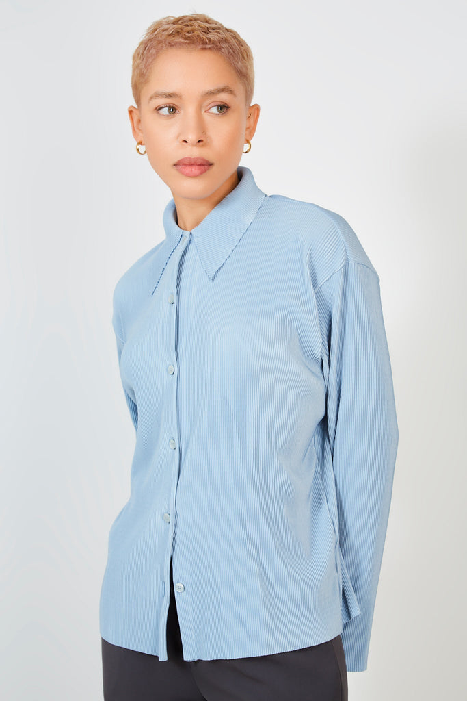 Blue grey micro pleated long sleeved shirt_2