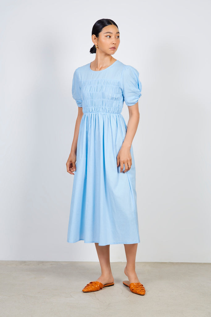 Blue ruched bodice puff sleeve dress_2