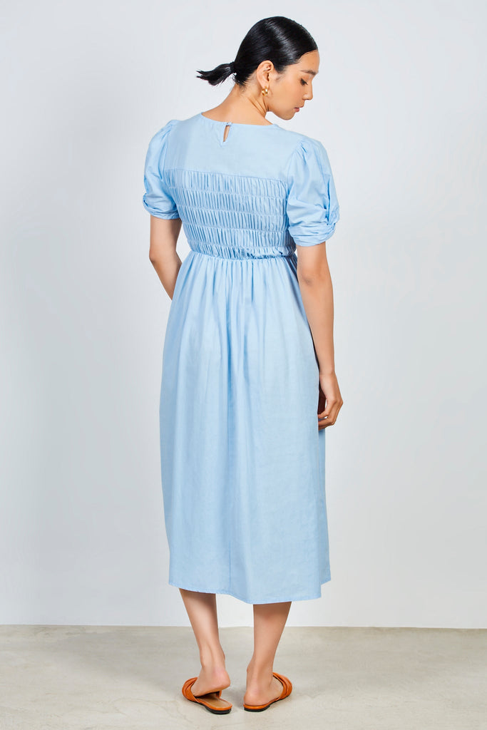 Blue ruched bodice puff sleeve dress_3