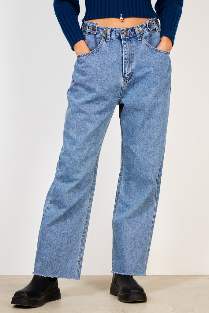 Blue washed denim button adjustable waist jeans_1