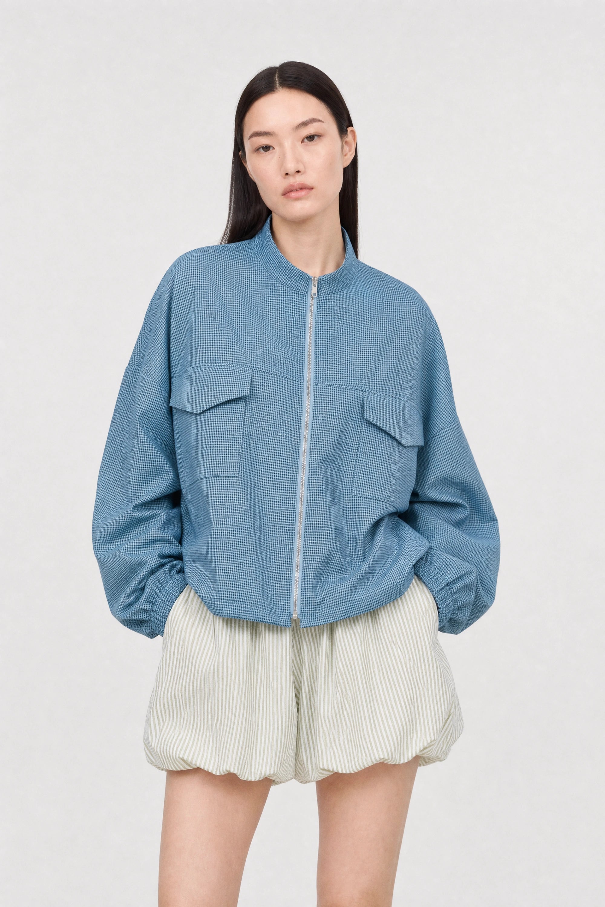 Bright blue and black tiny gingham zip jacket_1