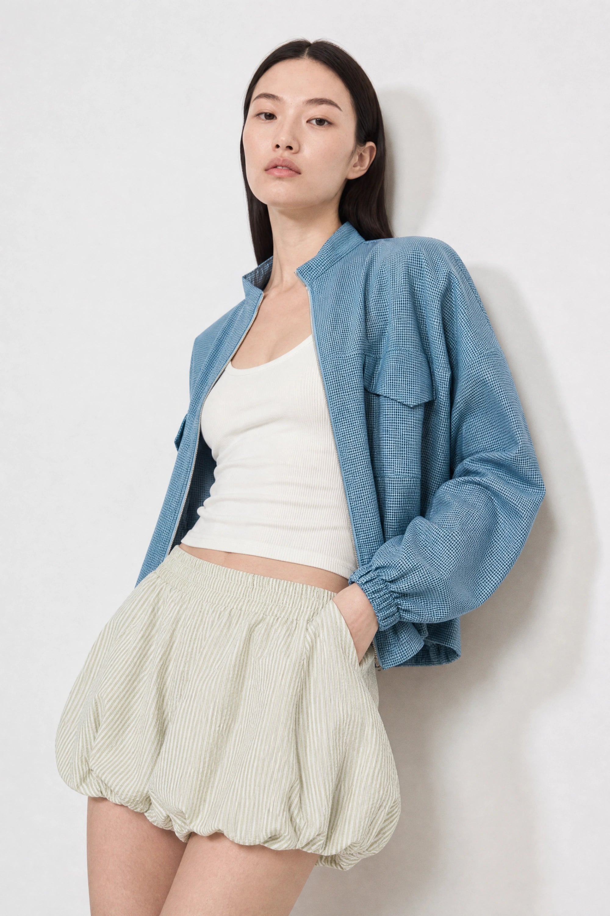 Bright blue and black tiny gingham zip jacket_5