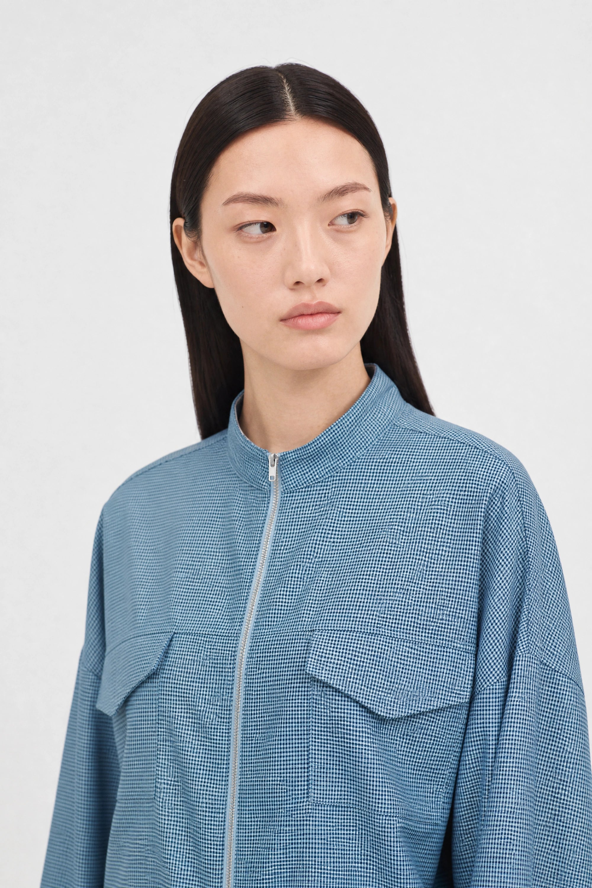 Bright blue and black tiny gingham zip jacket_3