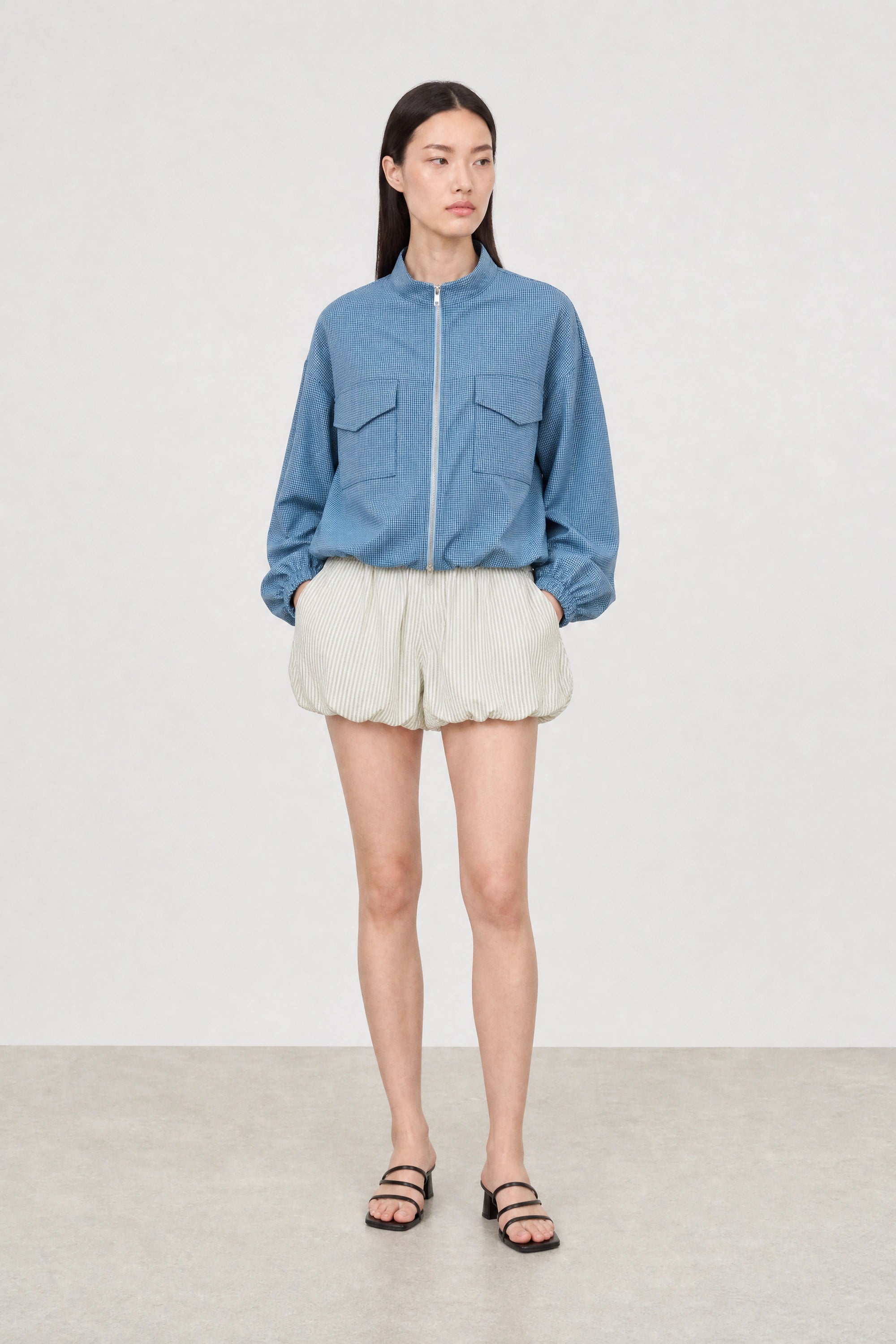 Bright blue and black tiny gingham zip jacket_4