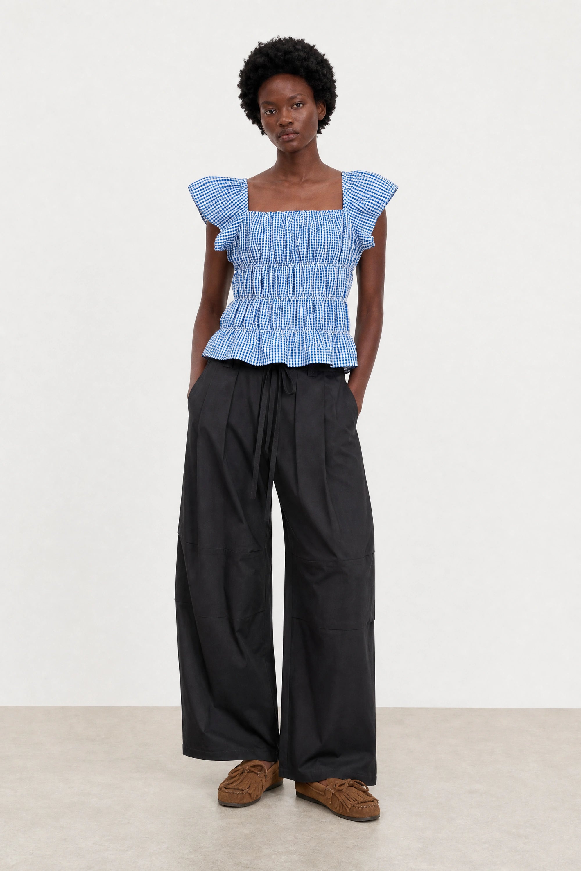 Bright blue and white gingham ruched tank_4