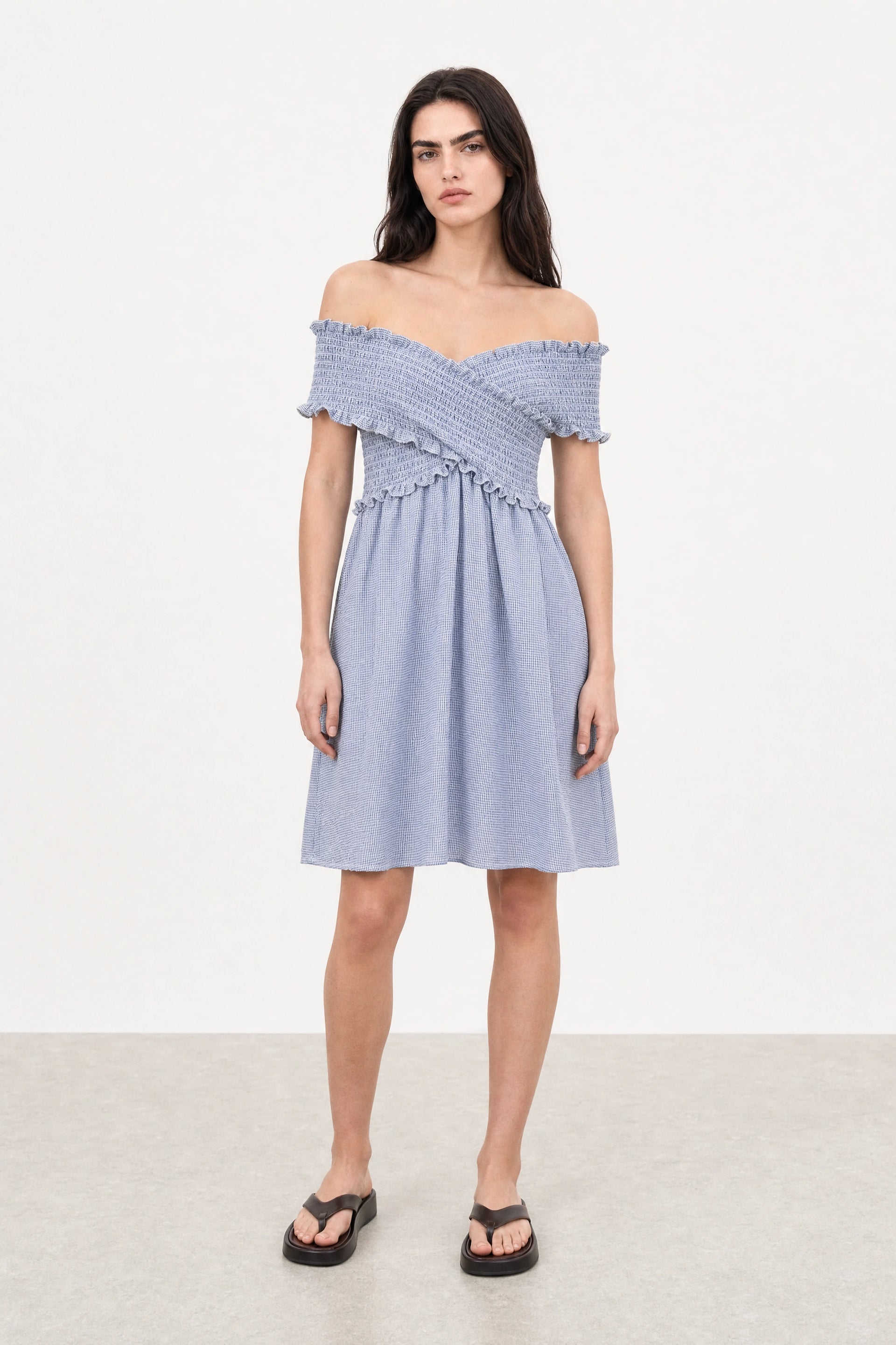 Bright blue and white mini check ruched off shoulder dress
