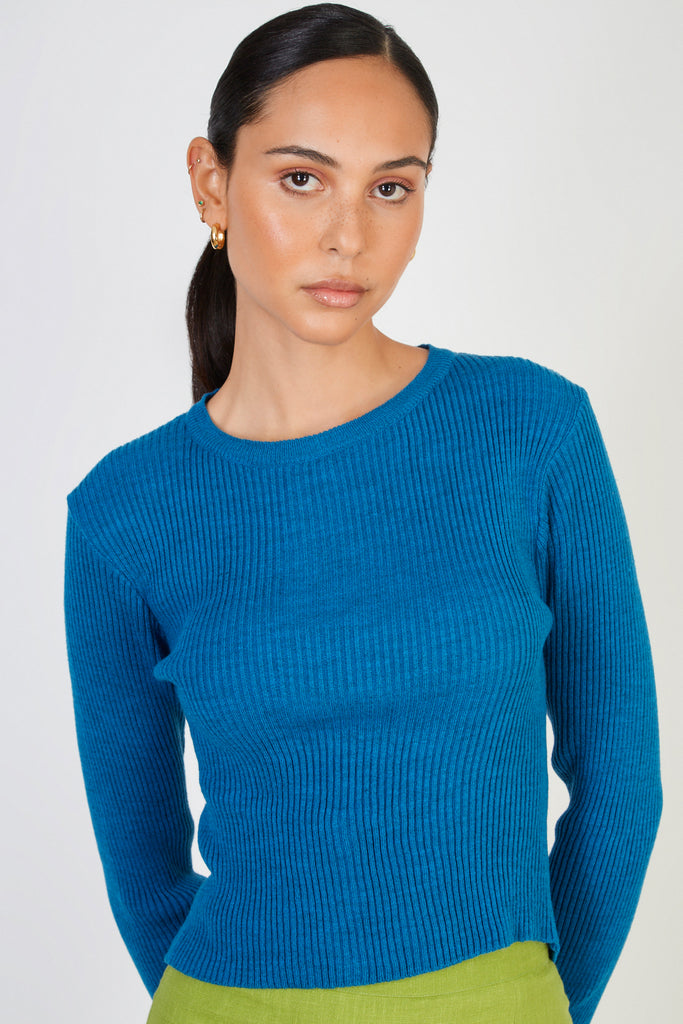 Bright blue ribbed knit peek back top_2