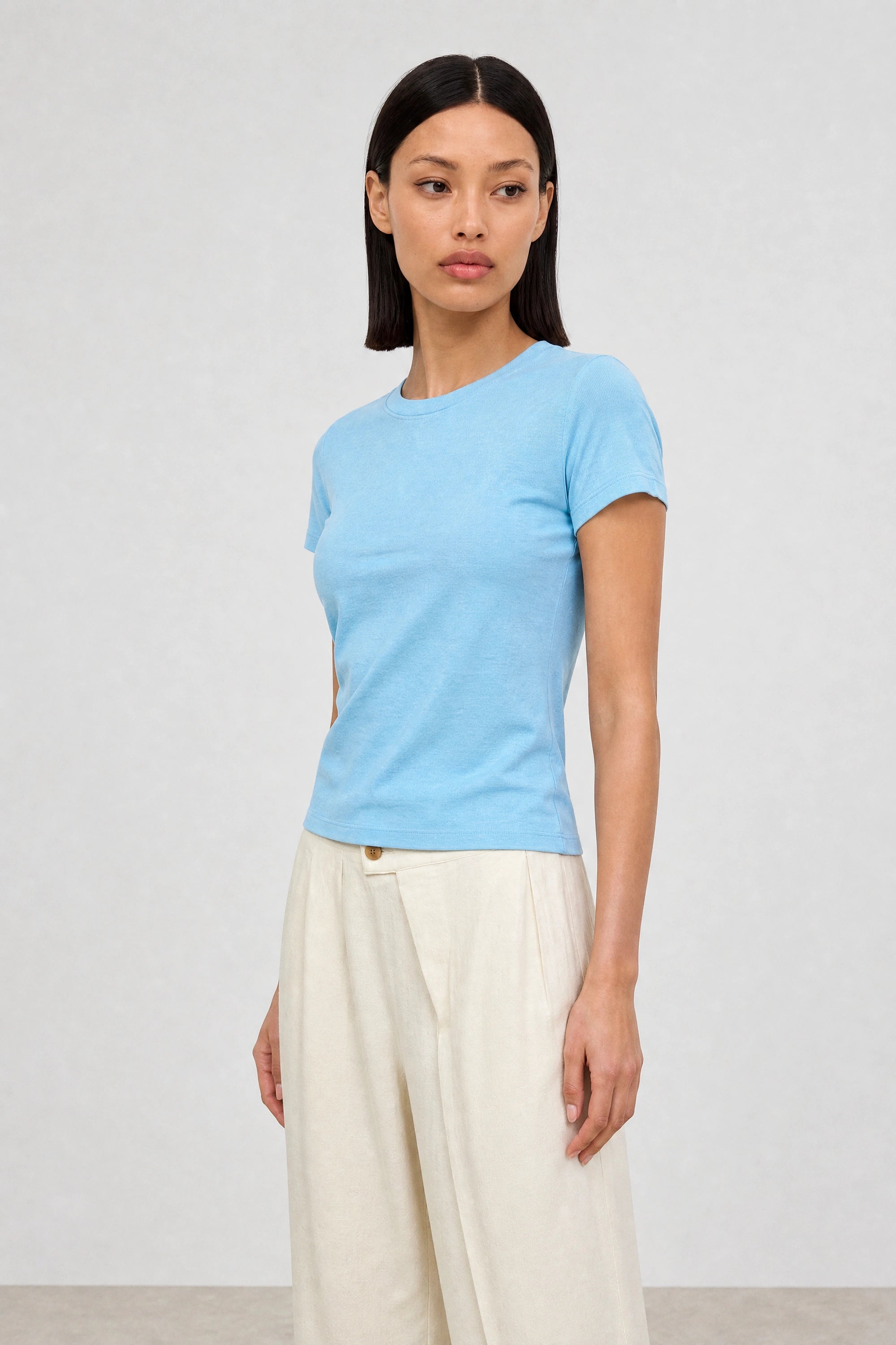 Bright blue semi sheer jersey vertical seam tee_1