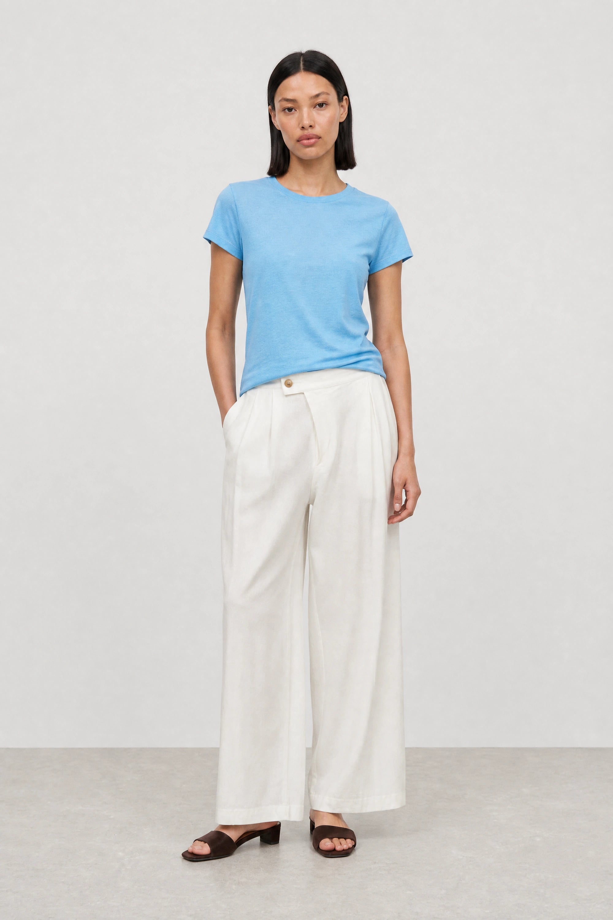 Bright blue semi sheer jersey vertical seam tee_4