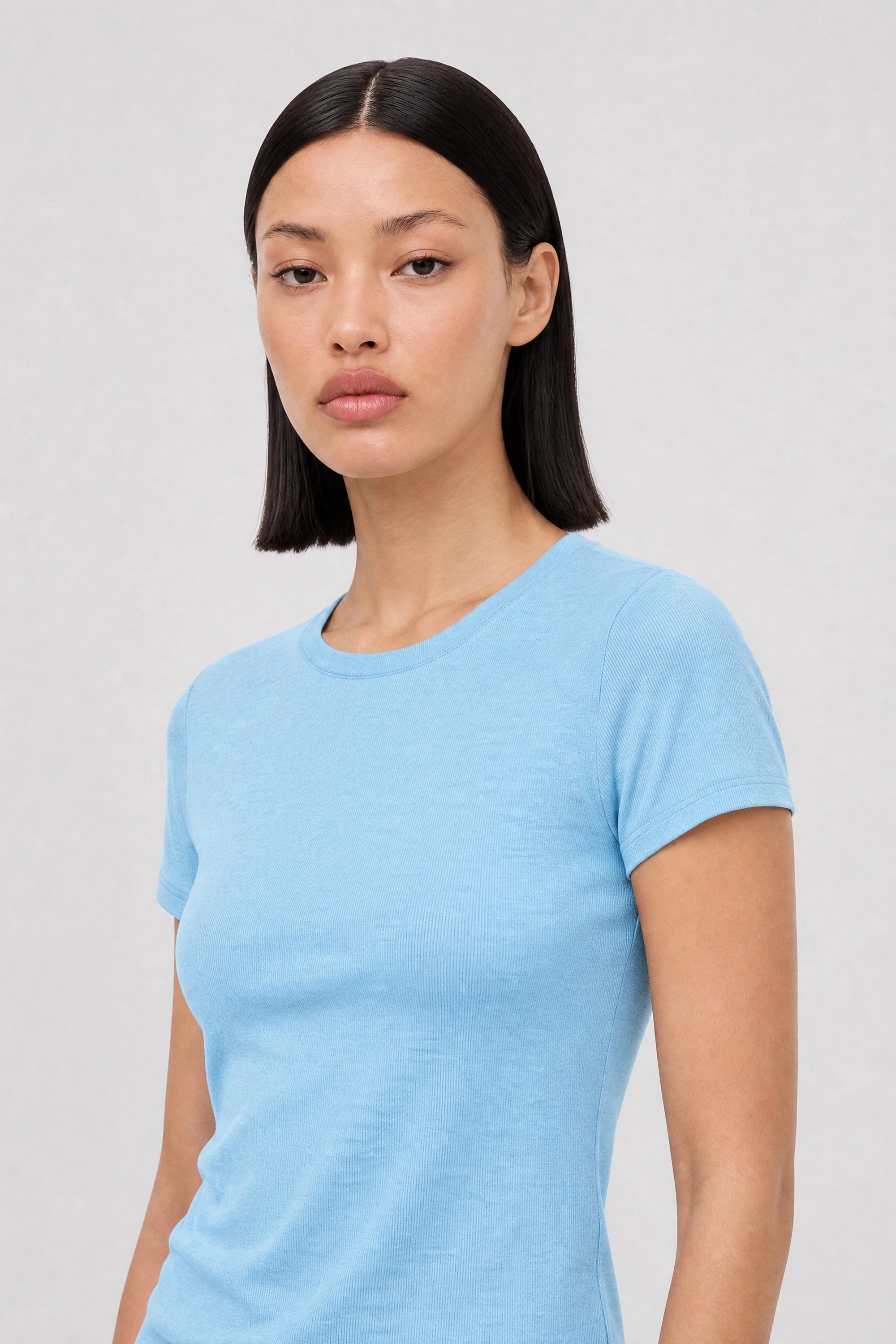 Bright blue semi sheer jersey vertical seam tee_3