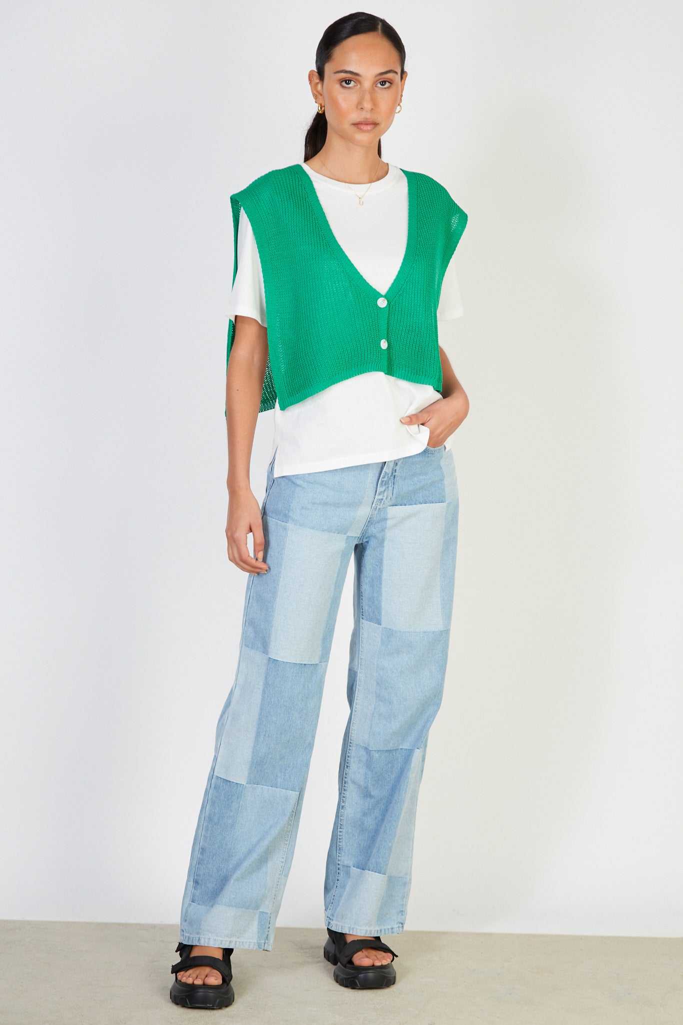 Bright green button front sweater vest_4