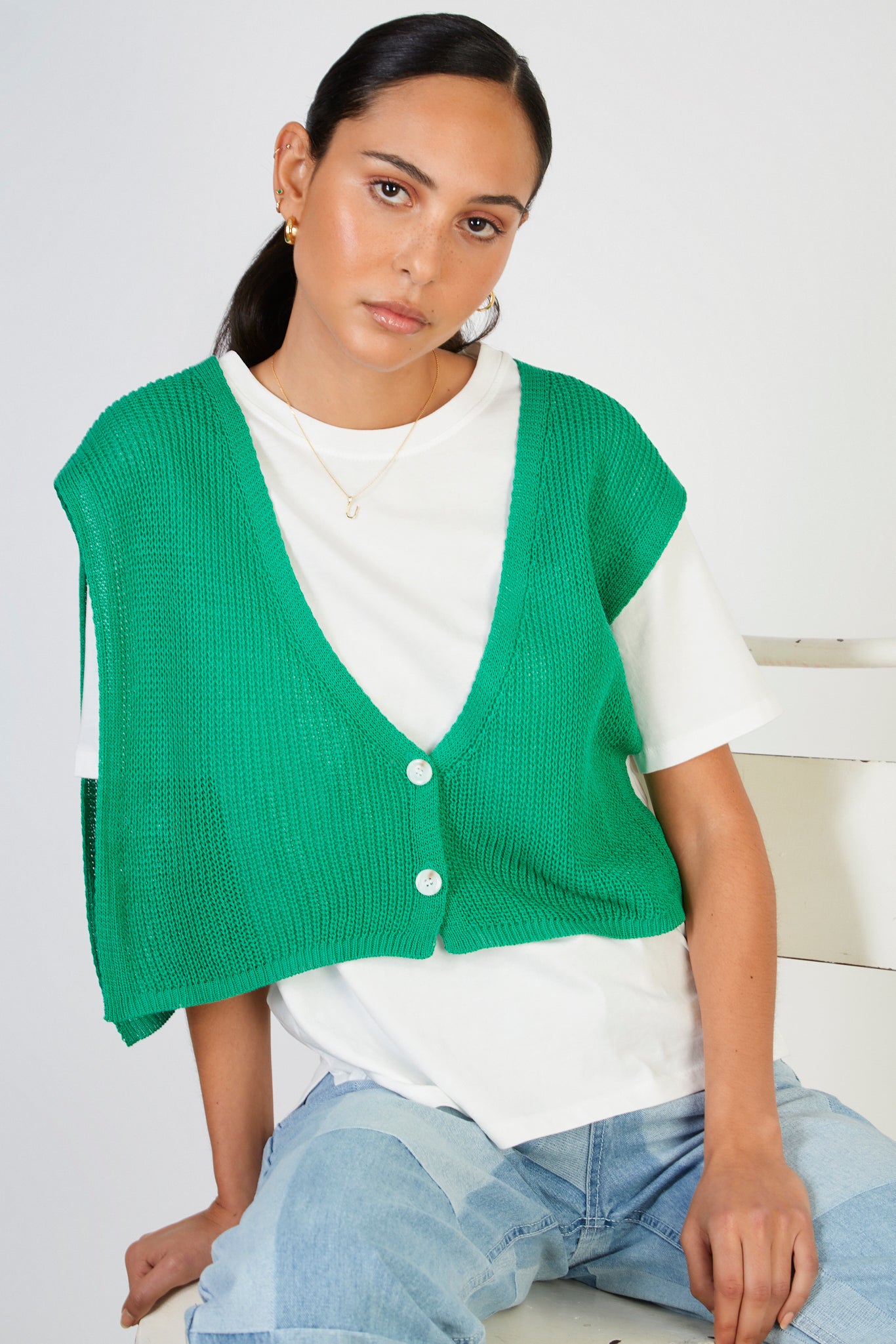 Bright green button front sweater vest_5