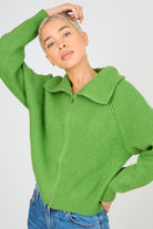 Bright green ribbed large collar double zip cardigan_1