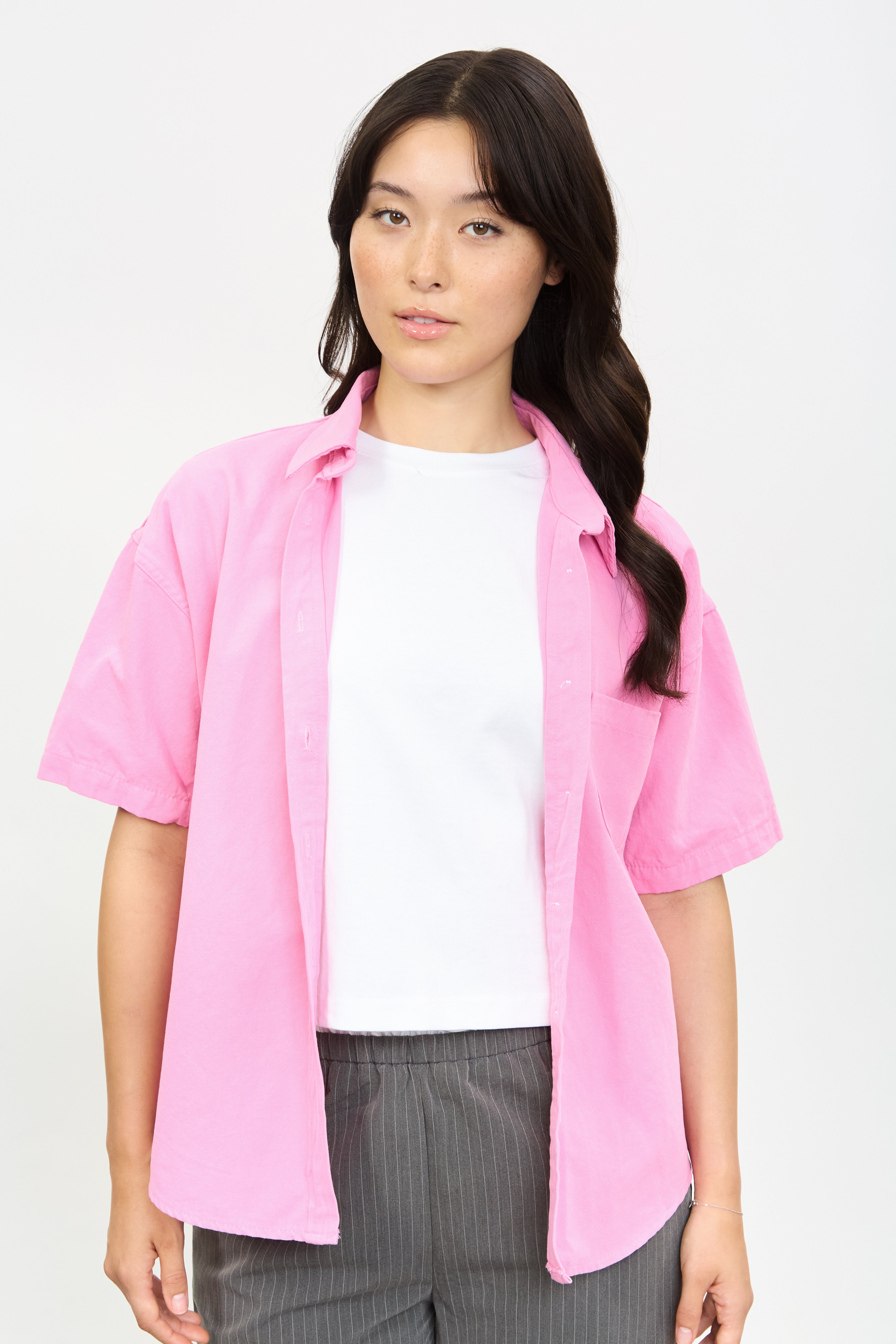 Bright pink pocket front short sleeve shirt_1