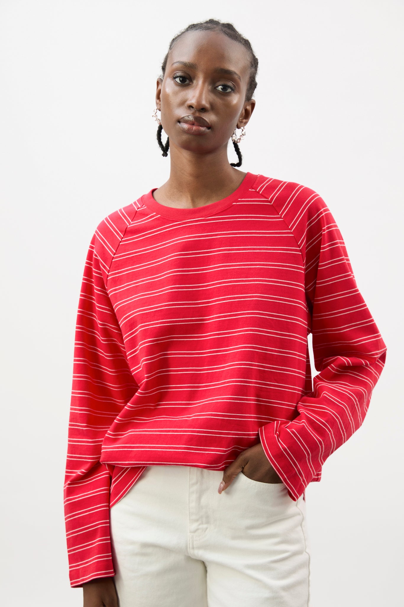 Bright red and ivory multi stripe raglan sleeve top_1