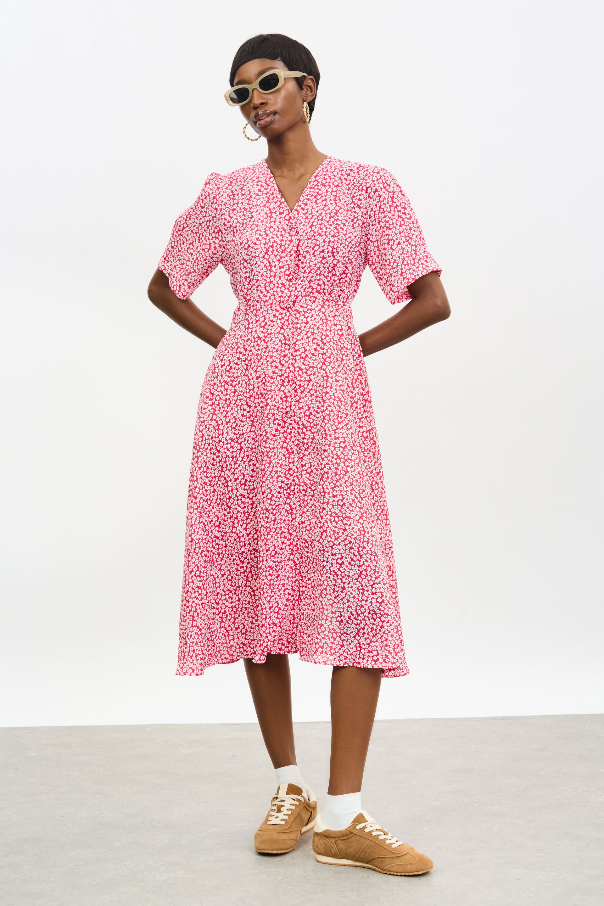 Bright red and white tiny floral print midi dress