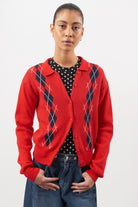 Bright red argyle collared cashmere wool blend cardigan_1