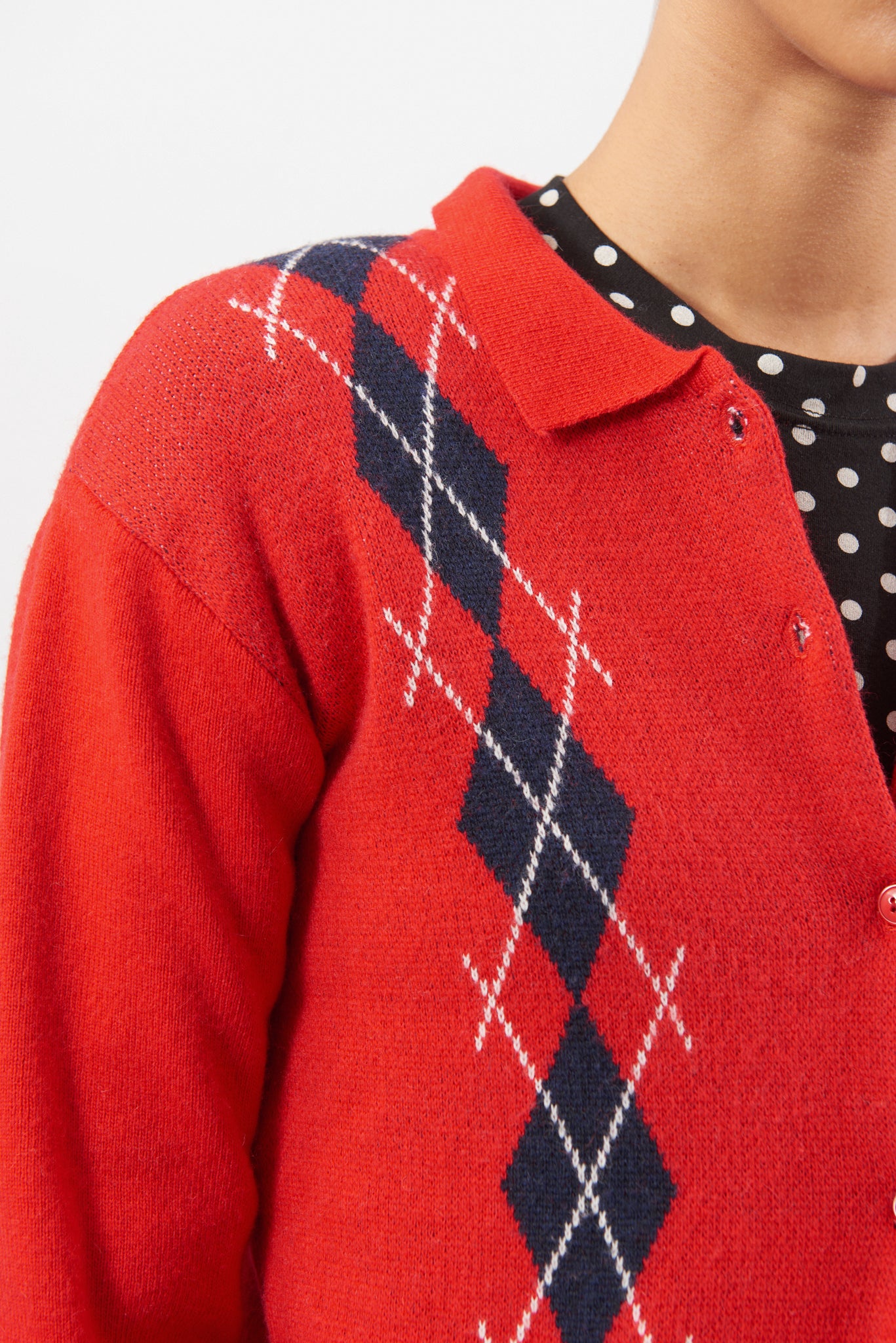 Bright red argyle collared cashmere wool blend cardigan_3