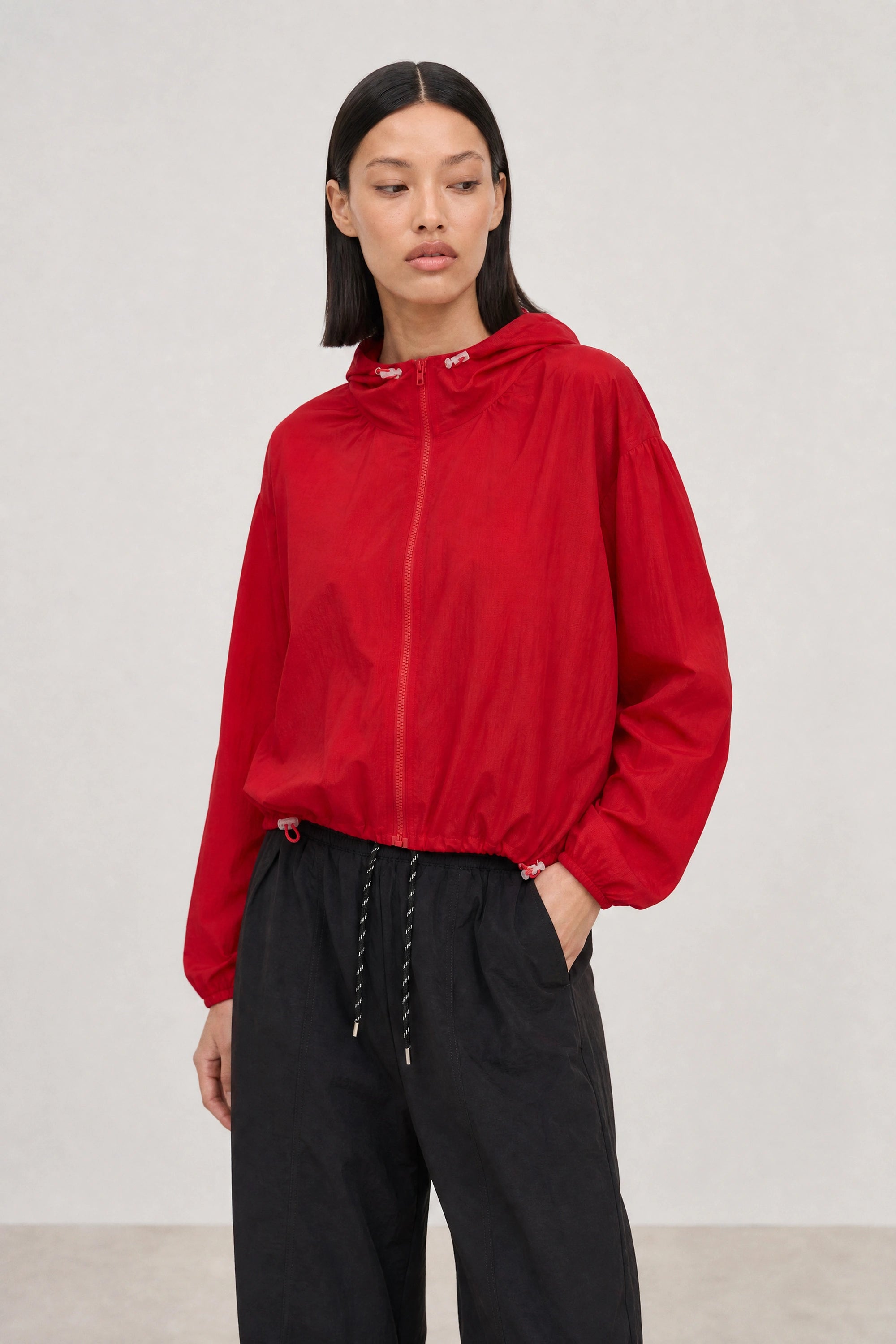 Bright red box textured hooded windbreaker_1