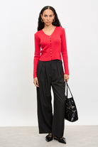 Bright red button front knit top_4