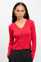 Bright red button front knit top_1