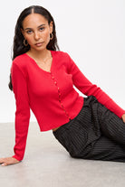 Bright red button front knit top_5