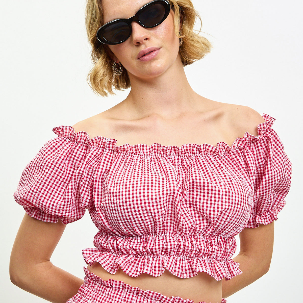 Bright red gingham ruched off shoulder top | Glassworks London