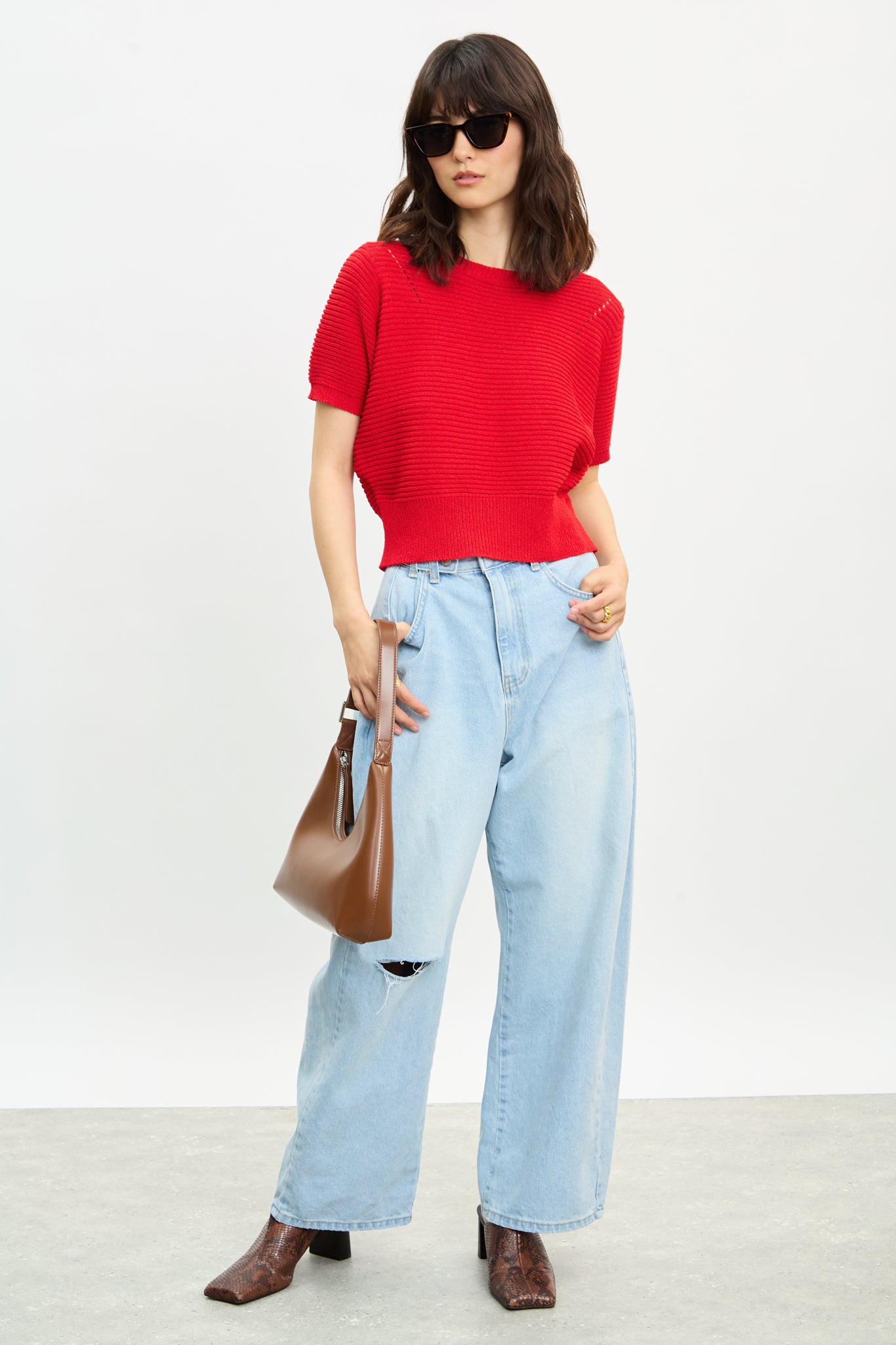 Bright red horizontal ribbed knit tee_4