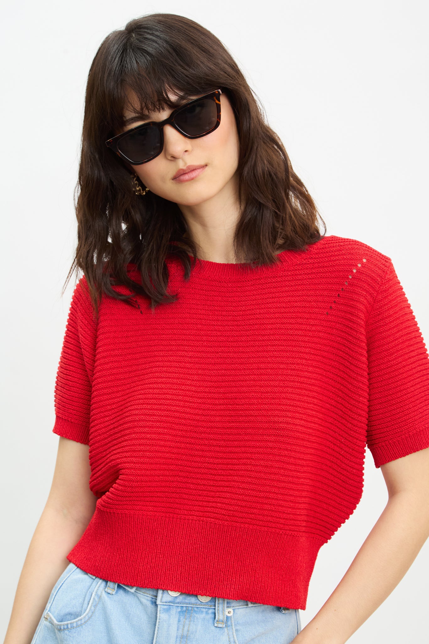 Bright red horizontal ribbed knit tee_1