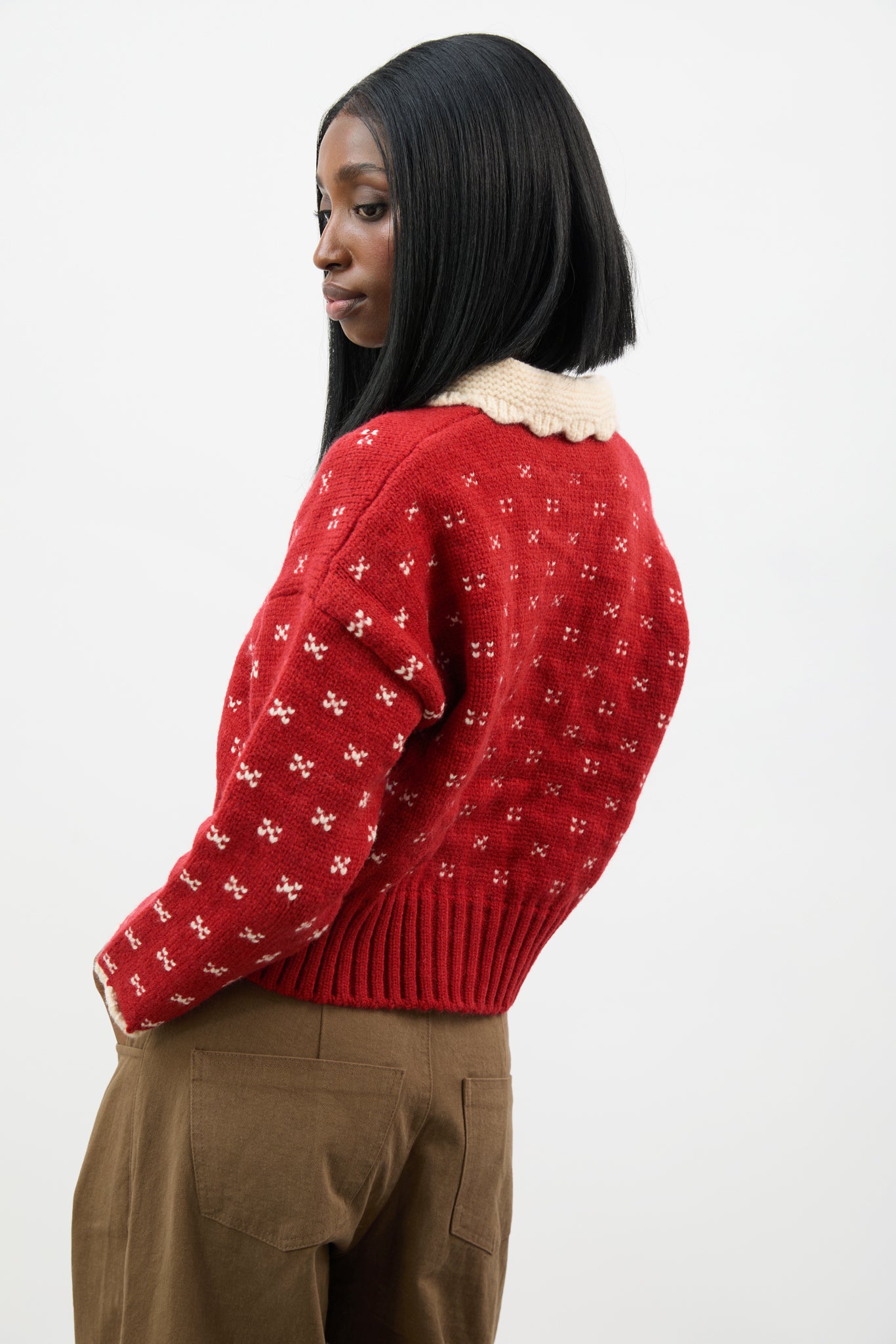Bright red scalloped collar intarsia cross cardigan_2