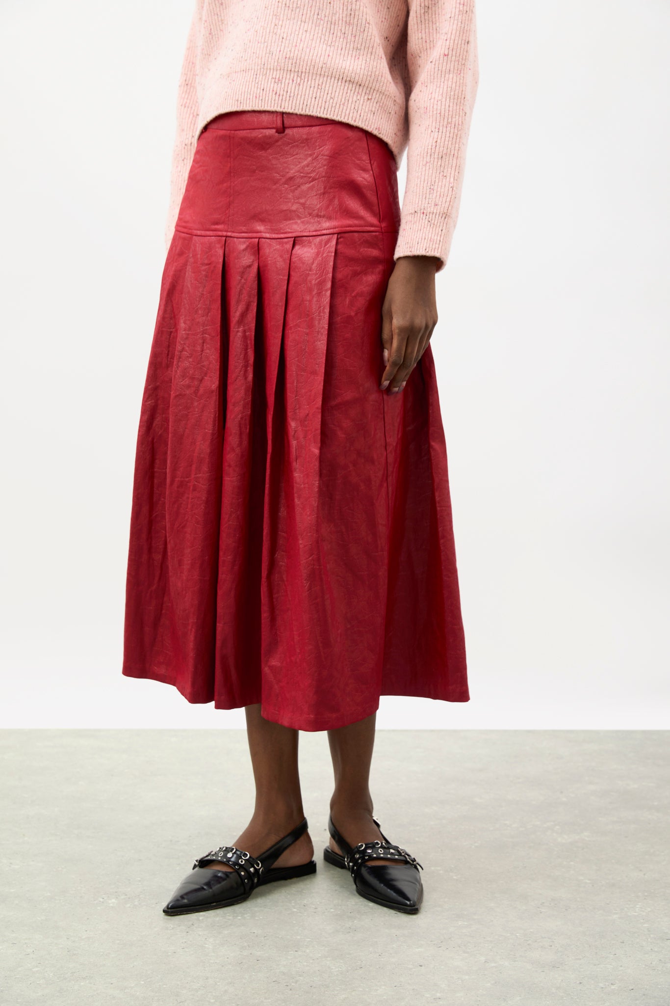 Bright red vegan leather pleated skirt | Glassworks London