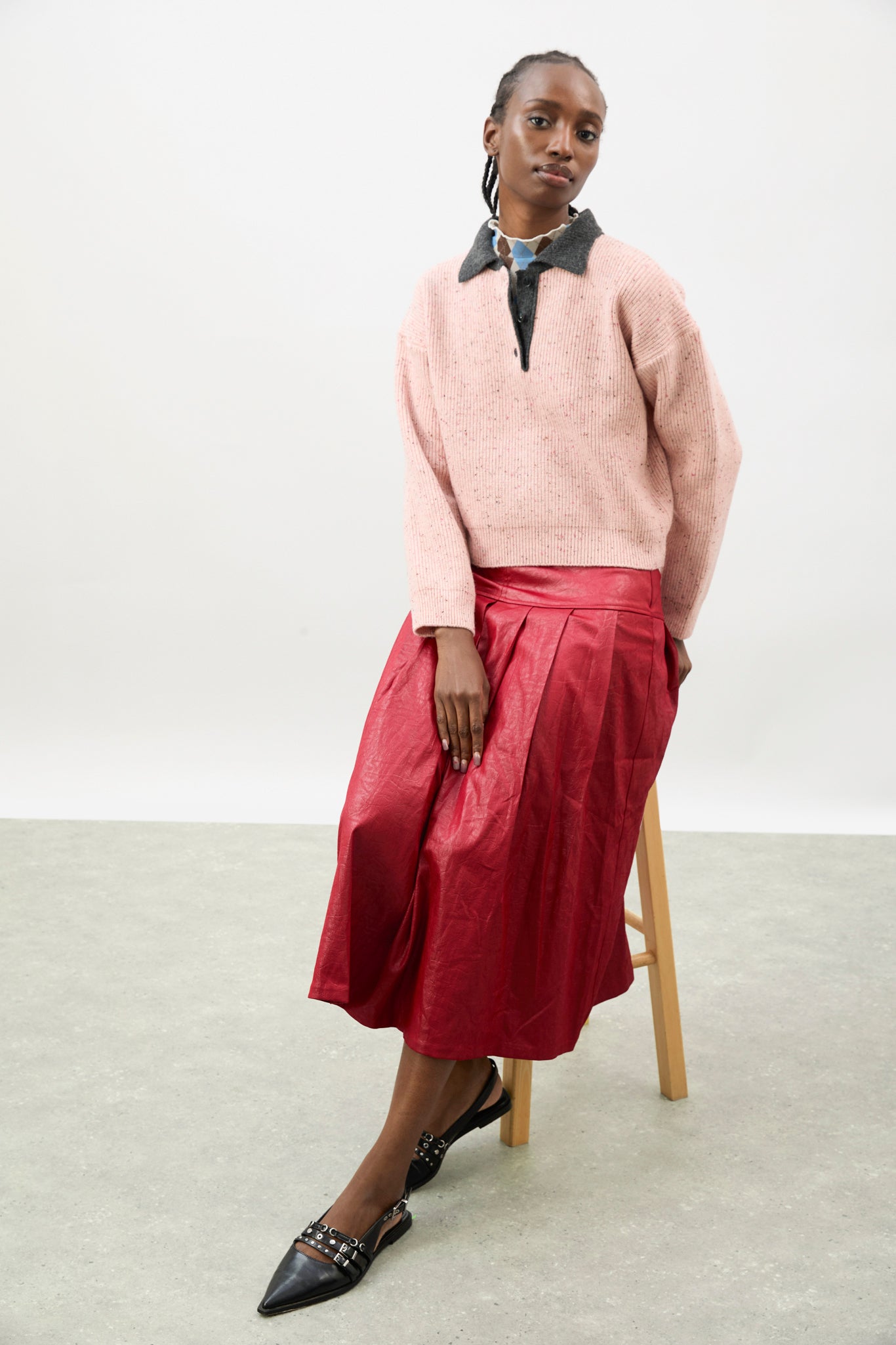 Bright red vegan leather pleated skirt_5