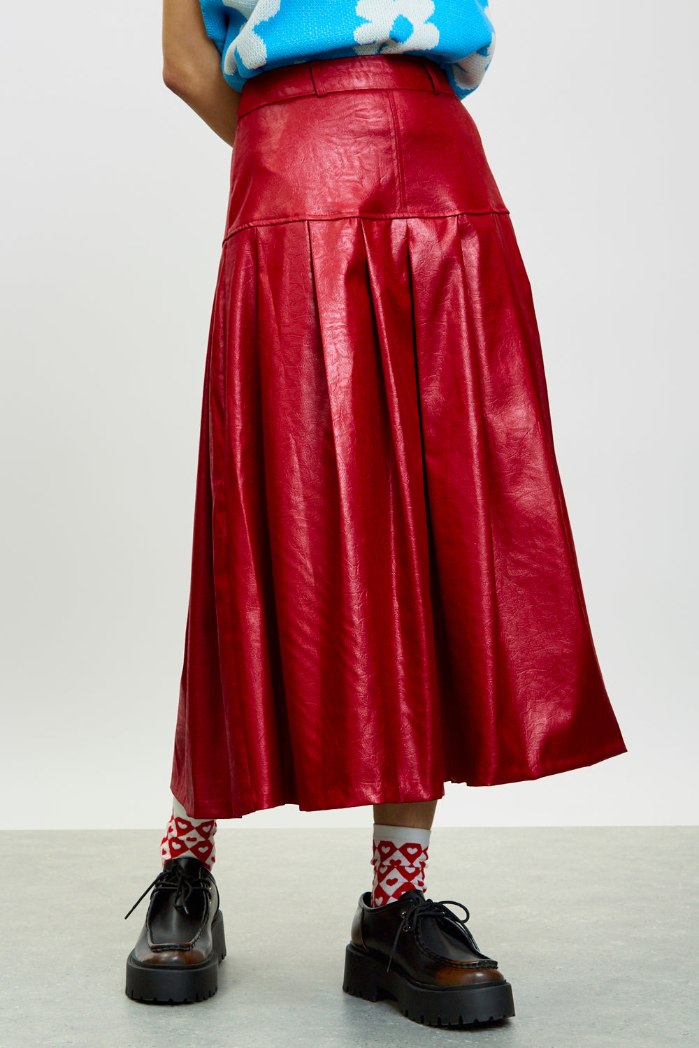 Bright red vegan leather pleated skirt Glassworks London