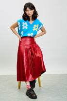 Bright red vegan leather pleated skirt_5