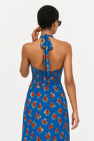 Bright blue and red rose print halter dress_2